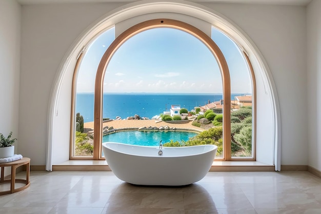 Photo sea view from circle window with bathtub