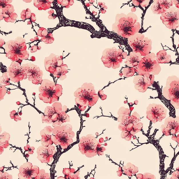 The photo of seamless pattern plum blossoms on colorful background