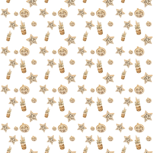 Photo seamless pattern with holiday figures wooden christmas decor for packaging Top view