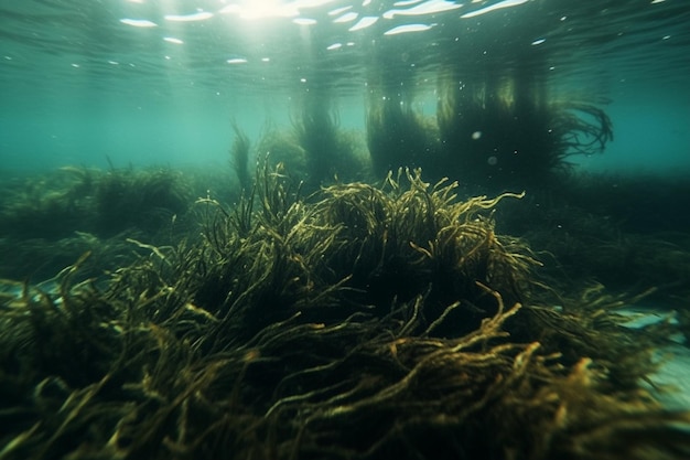 A photo of seaweed in the water with the sun shining on it.