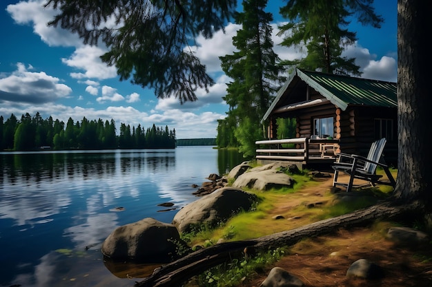 Photo of Secluded cottage by a tranquil lake peaceful landscape