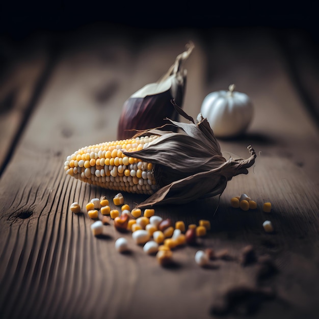 Photo Seeds and Sweet Corn on Wooden Table Food Photography