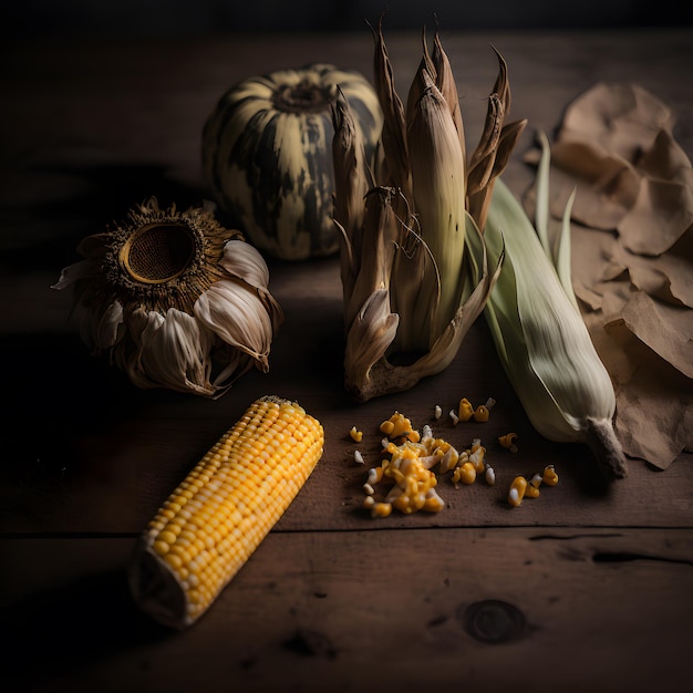 Photo Seeds and Sweet Corn on Wooden Table Food Photography