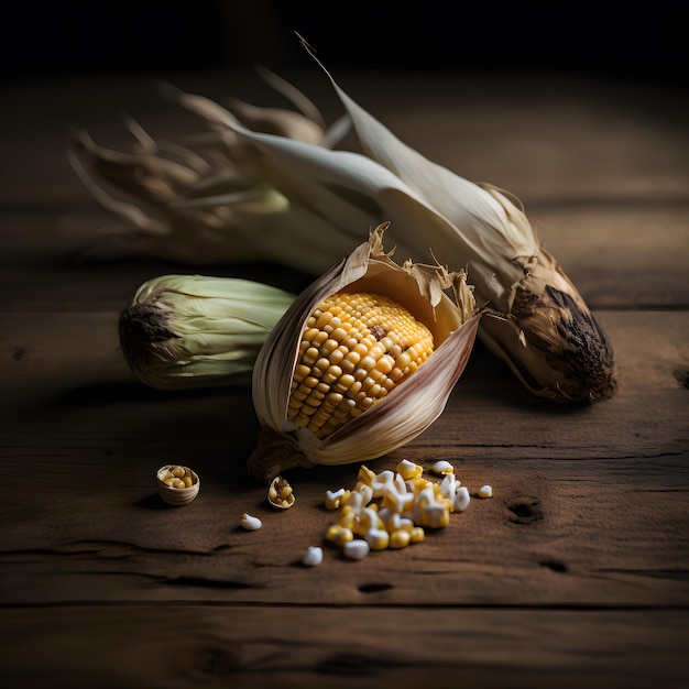 Photo Seeds and Sweet Corn on Wooden Table Food Photography