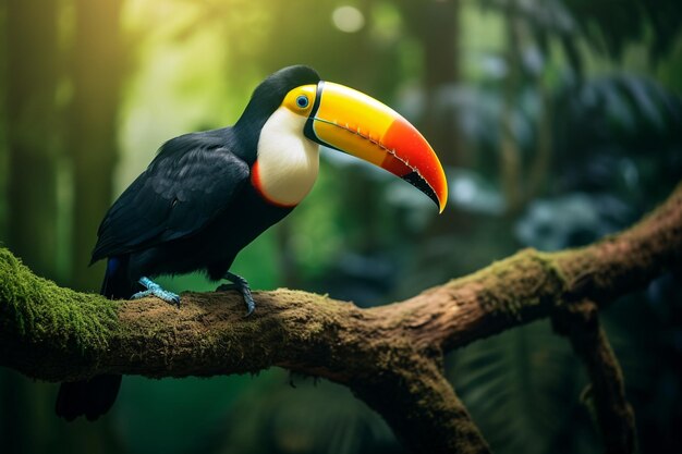 photo selective focus shot of a toucan standing on a tree branch