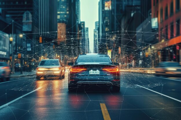 A photo of a self driving car navigating through a cityscape showcasing the advancements in autonomous vehicle technology Generative AI