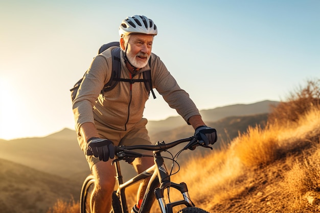 Photo of senior man riding a bicycle on the mountain at sunrise