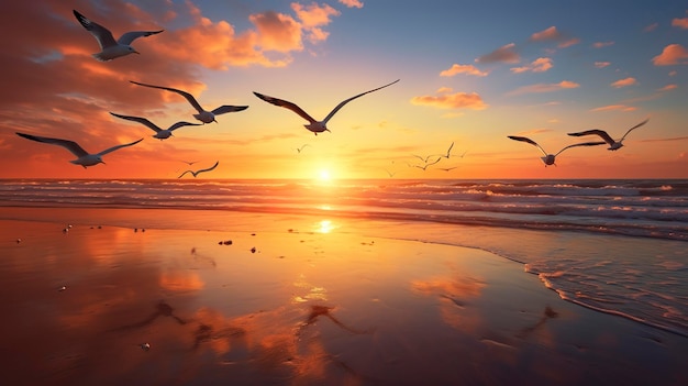 A Photo of a serene beach sunset with a flock of seagulls resting on the shoreline