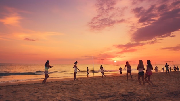 A Photo of a serene beach sunset with a group of friends playing volleyball in the fading light