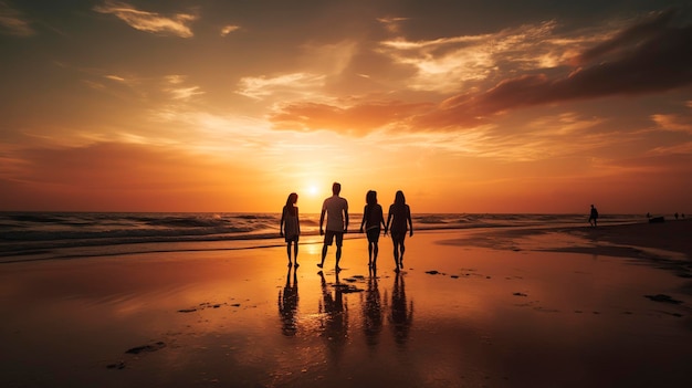 A Photo of a serene beach sunset with a group of friends playing volleyball in the fading light