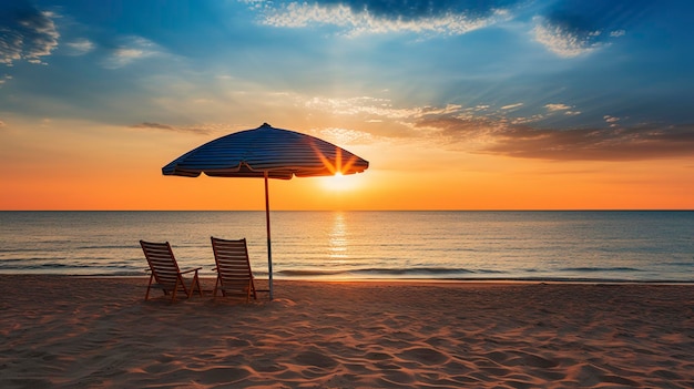 A Photo of a serene beach sunset with a lone beach umbrella casting a long shadow