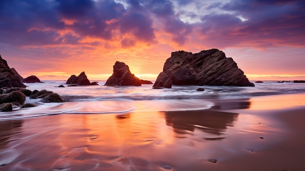 A Photo of a serene beach sunset with vibrant hues of orange and pink