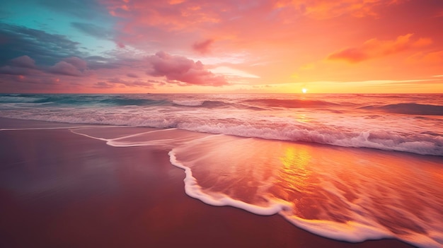 A Photo of a serene beach sunset with vibrant hues of orange and pink