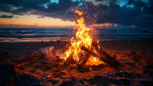 Photo of Serene Bonfire on Sandy Beach at Night with Warm Glow and Magical Sparks