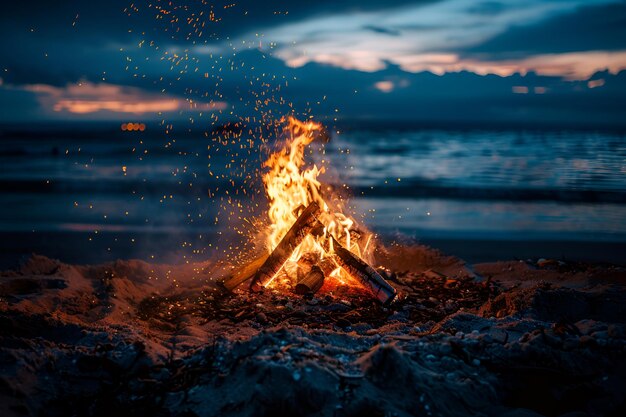 Photo of Serene Bonfire on Sandy Beach at Night with Warm Glow and Magical Sparks