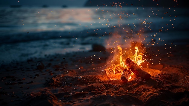 Photo of Serene Bonfire on Sandy Beach at Night with Warm Glow and Magical Sparks