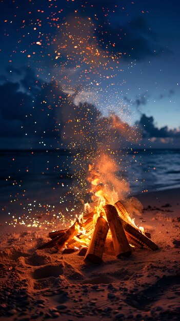 Photo of Serene Bonfire on Sandy Beach at Night with Warm Glow and Magical Sparks