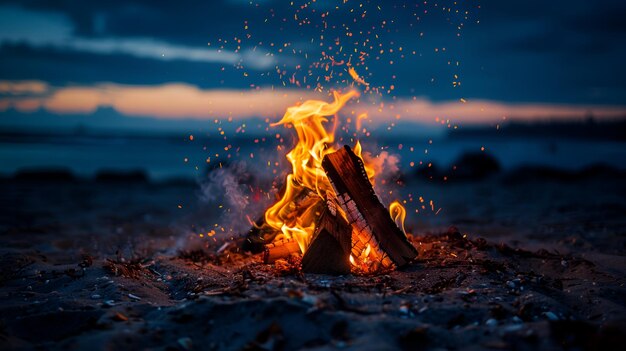 Photo of Serene Bonfire on Sandy Beach at Night with Warm Glow and Magical Sparks