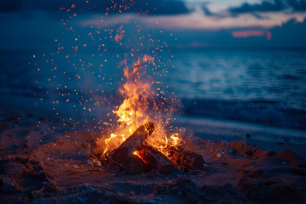 Photo of Serene Bonfire on Sandy Beach at Night with Warm Glow and Magical Sparks