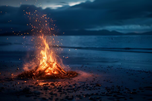 Photo of Serene Bonfire on Sandy Beach at Night with Warm Glow and Magical Sparks