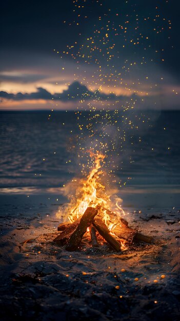 Photo of Serene Bonfire on Sandy Beach at Night with Warm Glow and Magical Sparks