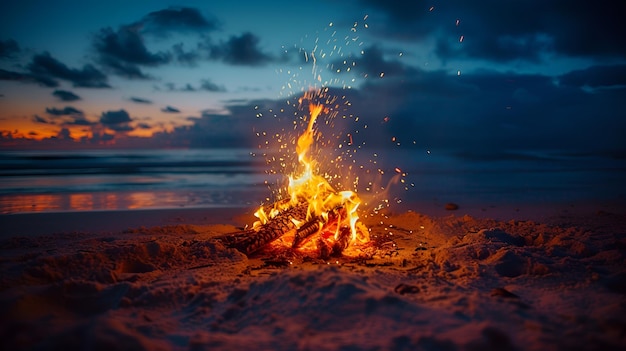 Photo of Serene Bonfire on Sandy Beach at Night with Warm Glow and Magical Sparks