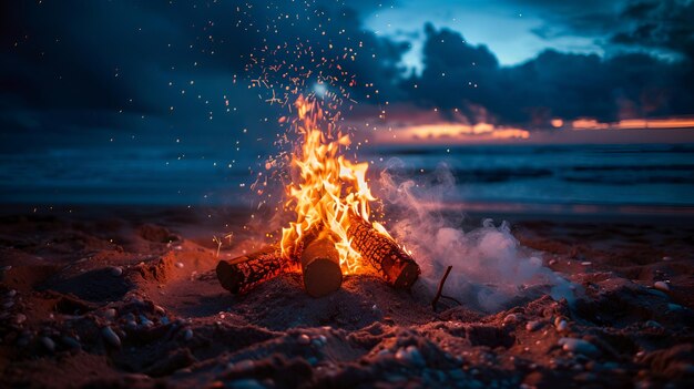 Photo of Serene Bonfire on Sandy Beach at Night with Warm Glow and Magical Sparks