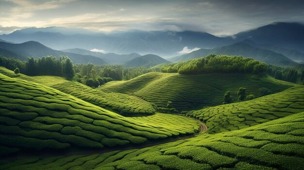 A photo of a serene tea plantation without harvesters