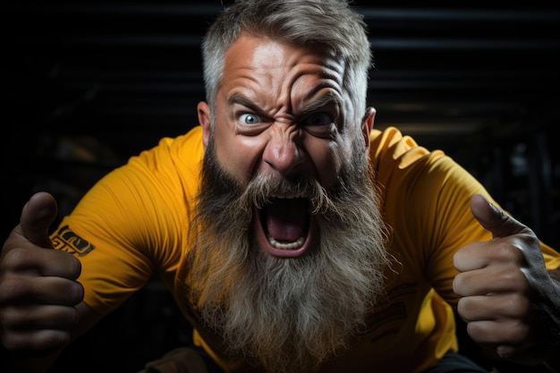 Photo of serious and angry man with thick beard closes his fists and looks with o generative IA