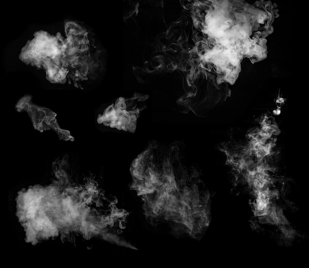 Photo set of white smoke isolated on a black background