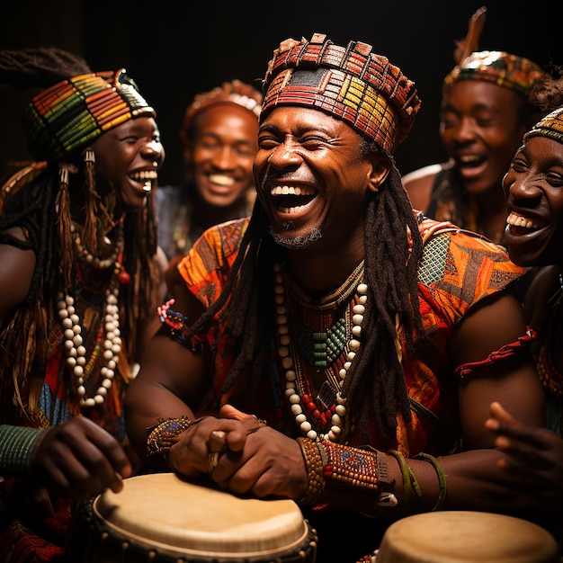 Photo of several African drummers playing the djembe traditional musical instrument