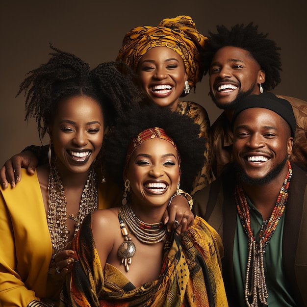 Photo of several curly haired black African people with happy expressions on a white background