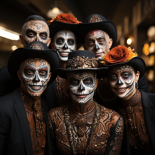 a photo of several people with scary costumes and faces for the celebration of the day of the dead