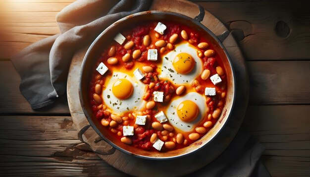 Photo Shakshuka with tomatopepper sauce and poached eggs