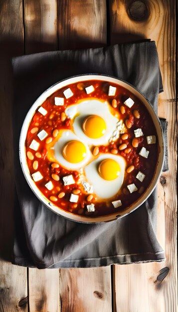 Photo Shakshuka with tomatopepper sauce and poached eggs