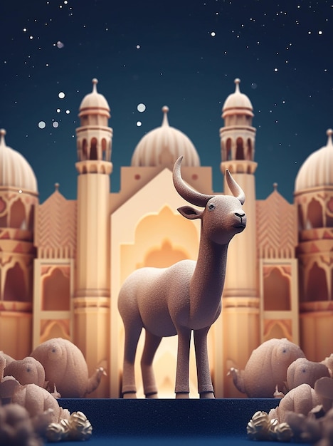 Photo Sheep or Goat with Mosque Islamic Background for Eid Al Adha Design Element