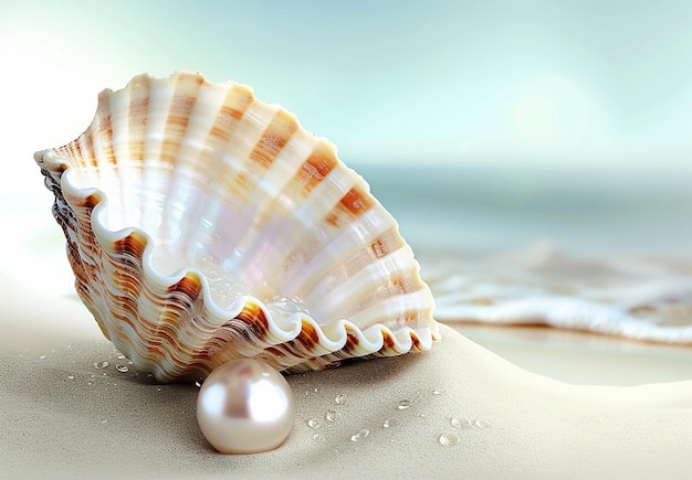 Photo of a shell with a pearl on the beach and the sun in the background