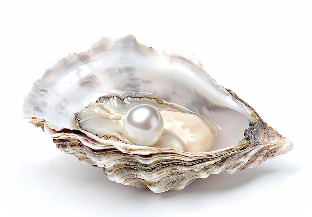 Photo of a shell with a pearl on the beach and the sun in the background