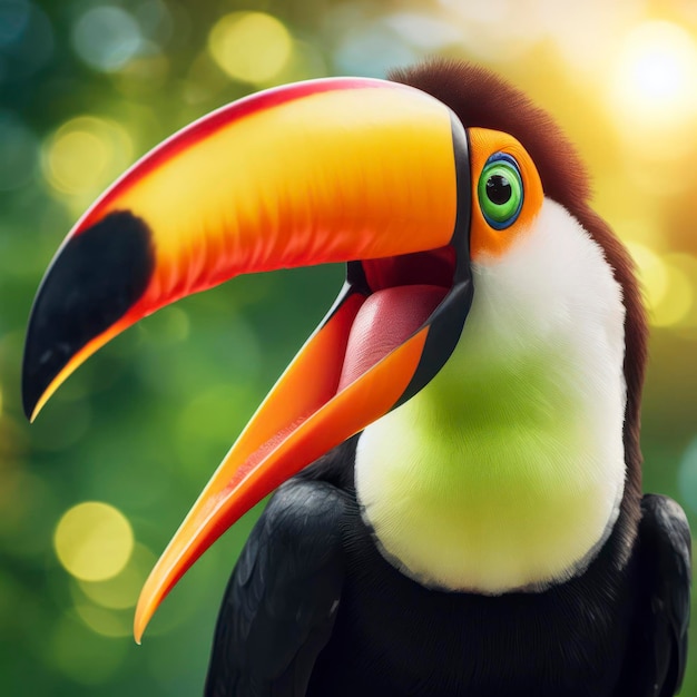 Photo of a Shocked real toucan on nature bokeh background ai generative