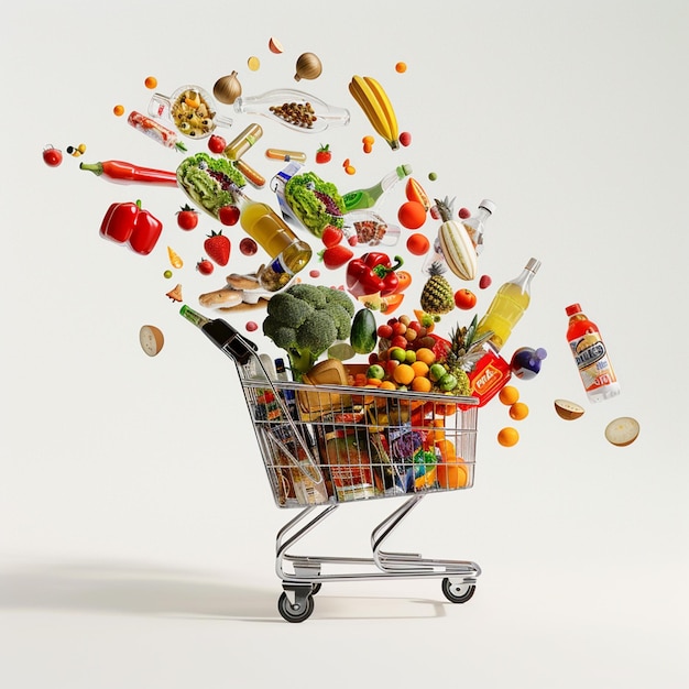 photo of shopping cart with a variety of fruits and vegetables isolated on white background