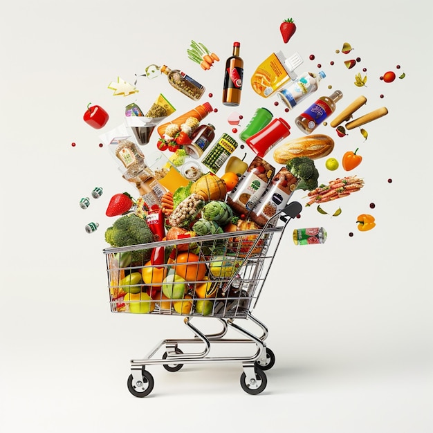 photo of shopping cart with a variety of fruits and vegetables isolated on white background