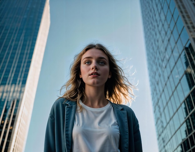 photo shot from below of beautiful teenage woman standing with high building in background generative AI