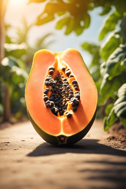 photo shot of a Papaya to a Agricultural Land with a blurred background