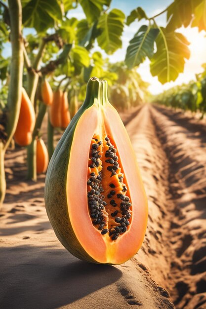 photo shot of a Papaya to a Agricultural Land with a blurred background