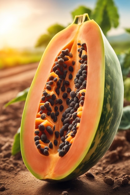 photo shot of a Papaya to a Agricultural Land with a blurred background