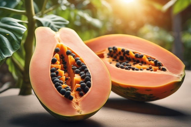 photo shot of a Papaya to a Agricultural Land with a blurred background