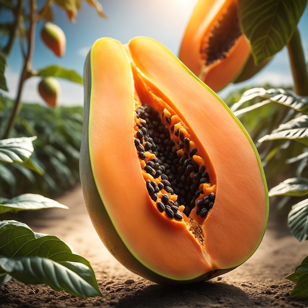 photo shot of a Papaya to a Agricultural Land with a blurred background