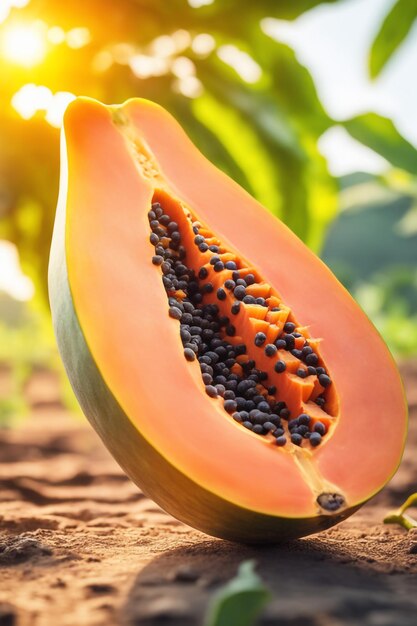 photo shot of a Papaya to a Agricultural Land with a blurred background