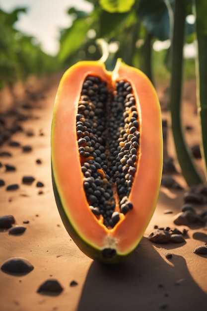 photo shot of a Papaya to a Agricultural Land with a blurred background