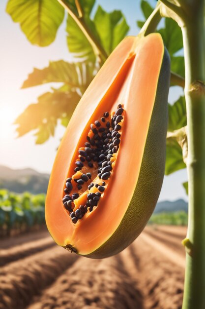 photo shot of a Papaya to a Agricultural Land with a blurred background